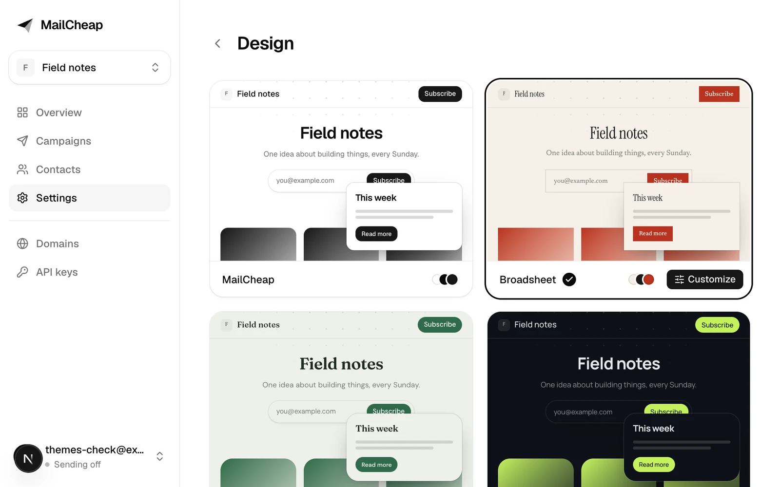 The Design page's themes, each card showing the newsletter's website and an email in that theme, Broadsheet applied.