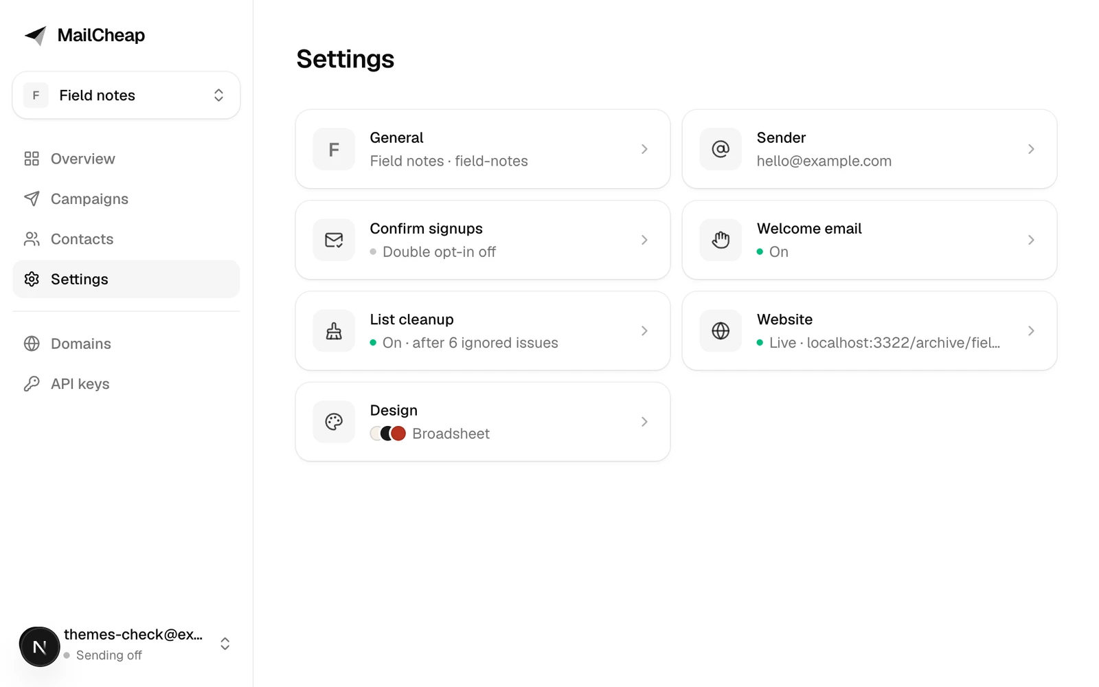 The settings overview: general, sender, confirm signups, welcome email, list cleanup, website and design, each with where it stands.
