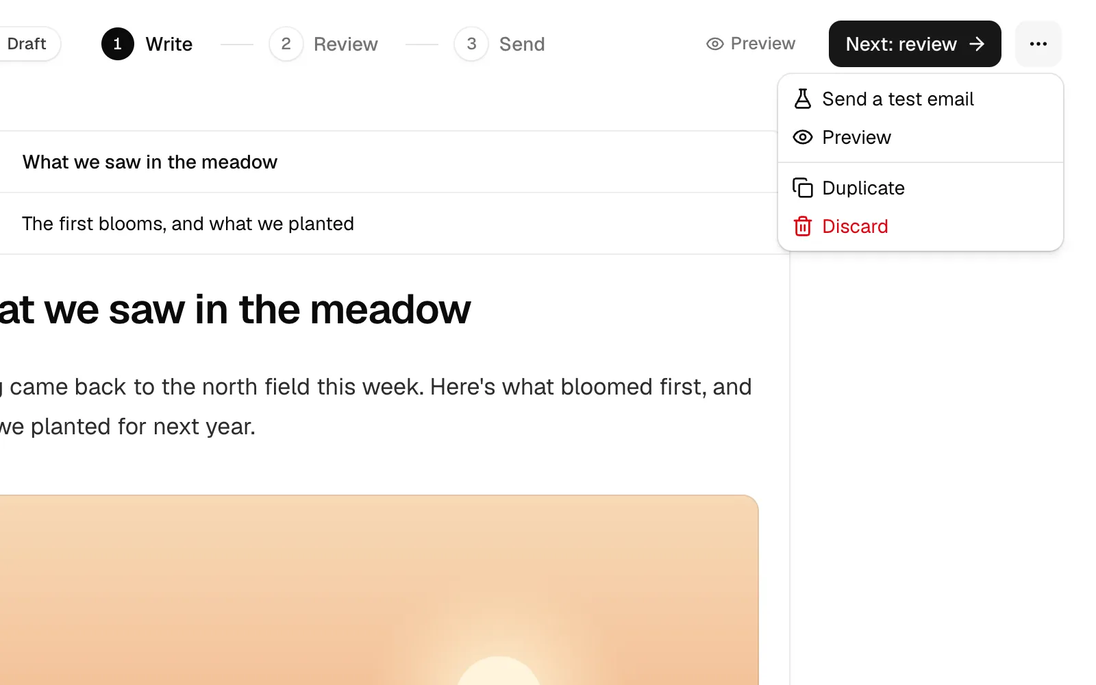 A campaign's more menu with Send a test email, Preview, Duplicate and Discard.