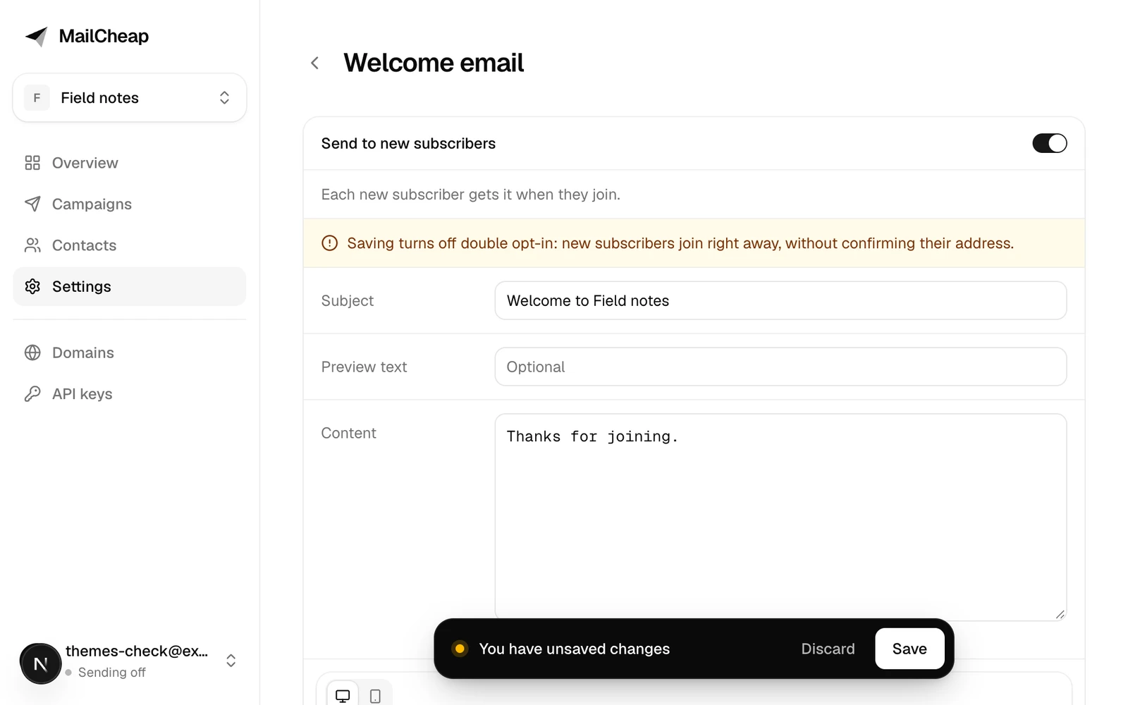 The welcome email page with its switch on and a note that saving turns off double opt-in.